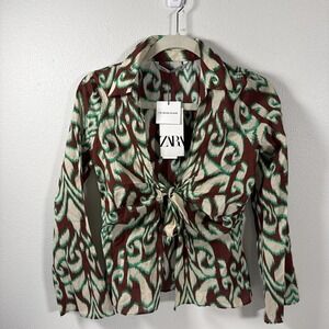 NWT Zara Selena Blouse XS Bell Sleeve Boho Tie Front Blouse U1